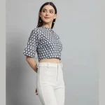 Women Summer Cotton Shirt Grey Floral Half Sleeve Crop Tops - Image 4