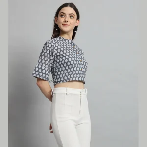 Women Summer Cotton Shirt Grey Floral Half Sleeve Crop Tops - Image 4