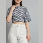 Women Summer Cotton Shirt Grey Floral Half Sleeve Crop Tops - Image 5