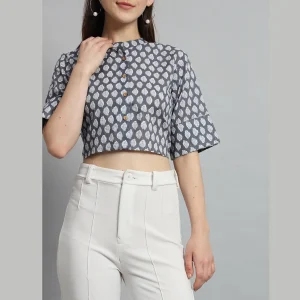 Women Summer Cotton Shirt Grey Floral Half Sleeve Crop Tops - Image 5