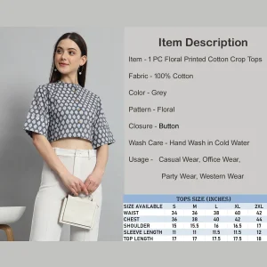 Women Summer Cotton Shirt Grey Floral Half Sleeve Crop Tops - Image 8