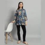 Women's Blue Floral Printed Cotton Handcraft Tops