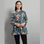 Women's Blue Floral Printed Cotton Handcraft Tops - Image 2