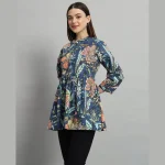 Women's Blue Floral Printed Cotton Handcraft Tops - Image 3