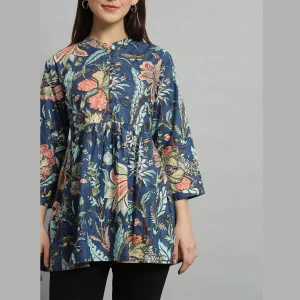 Women's Blue Floral Printed Cotton Handcraft Tops - Image 5