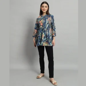 Women's Blue Floral Printed Cotton Handcraft Tops - Image 6
