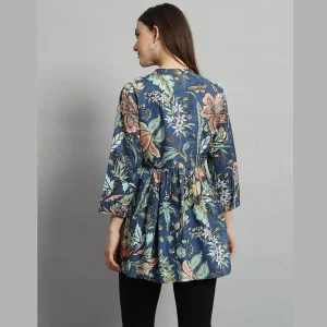 Women's Blue Floral Printed Cotton Handcraft Tops - Image 7
