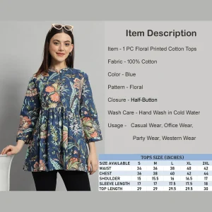 Women's Blue Floral Printed Cotton Handcraft Tops - Image 8