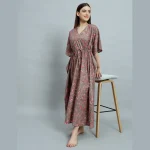 Women's Cotton Long Kaftan Brown Floral Print