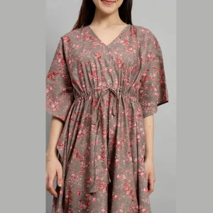 Women's Cotton Long Kaftan Brown Floral Print - Image 4