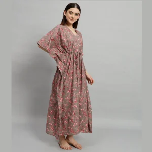 Women's Cotton Long Kaftan Brown Floral Print - Image 5