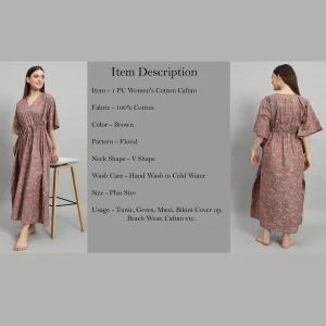 Women's Cotton Long Kaftan Brown Floral Print - Image 7