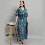 Women's Fashion Teal Green Cotton Kaftan Bird Print