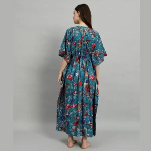 Women's Fashion Teal Green Cotton Kaftan Bird Print - Image 7
