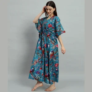 Women's Fashion Teal Green Cotton Kaftan Bird Print - Image 3