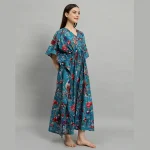 Women's Fashion Teal Green Cotton Kaftan Bird Print - Image 4