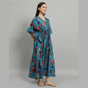 Women's Fashion Teal Green Cotton Kaftan Bird Print - Image 4