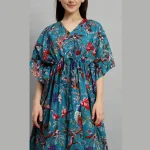 Women's Fashion Teal Green Cotton Kaftan Bird Print - Image 5