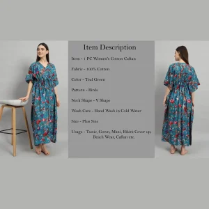 Women's Fashion Teal Green Cotton Kaftan Bird Print - Image 6