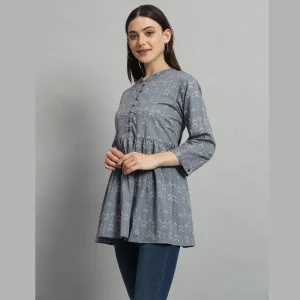 Women's Gray Arrow Printed Top Craft Cotton Blouse - Image 3
