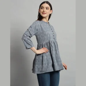 Women's Gray Arrow Printed Top Craft Cotton Blouse - Image 4