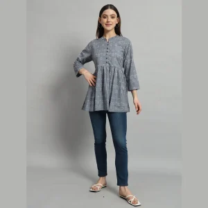 Women's Gray Arrow Printed Top Craft Cotton Blouse - Image 6