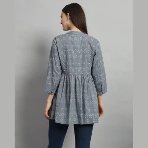 Women's Gray Arrow Printed Top Craft Cotton Blouse - Image 7