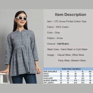 Women's Gray Arrow Printed Top Craft Cotton Blouse - Image 8