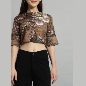 Women's Summer Brown Paisley Print Short Sleeve Tops / T-Shirt - Image 5