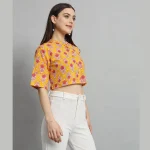 Yellow Floral Print Cotton Short Sleeve T-Shirts - Image 4