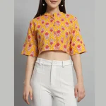 Yellow Floral Print Cotton Short Sleeve T-Shirts - Image 5