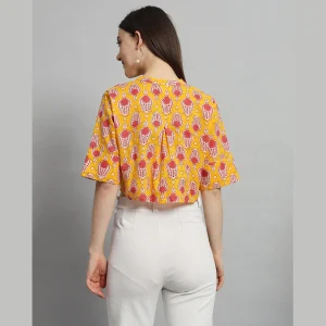 Yellow Floral Print Cotton Short Sleeve T-Shirts - Image 7