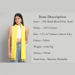 Yellow Hand Block Floral Printed Cotton Scarf For Women - Image 7