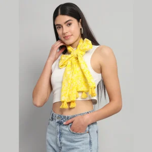 Yellow Hand Block Floral Printed Cotton Scarf For Women - Image 3