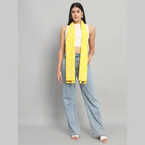 Yellow Hand Block Floral Printed Cotton Scarf For Women - Image 4