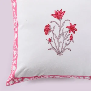2 PC Hand Block Floral Print Cushion Cover (Pink) - Image 3