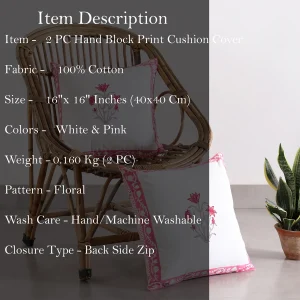 2 PC Hand Block Floral Print Cushion Cover (Pink) - Image 6