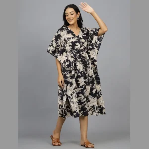 Beautiful Black & Beige Leaf Cotton Kaftans - Image 3