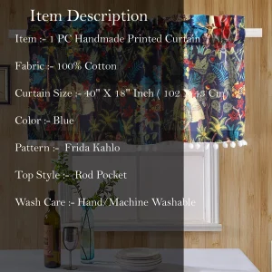 Blue Frida Kahlo Print Cotton Window Curtain - Image 4