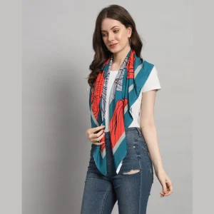 Green & Red Floral Printed Scarf Women Crepe Silk Fabric - Image 3