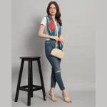 Green & Red Floral Printed Scarf Women Crepe Silk Fabric - Image 4