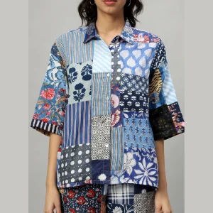 Handmade Blue Patchwork Oversized Shirt & Trousers Set - Image 5
