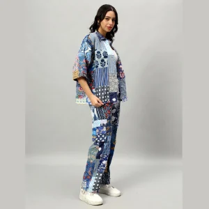 Handmade Blue Patchwork Oversized Shirt & Trousers Set - Image 3