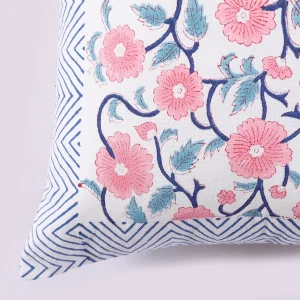 Home Decor Hand Block Print Cushion Cover Pink Floral - Image 3