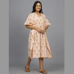Peach Floral Beach Wear Short Kaftan Cotton Dress