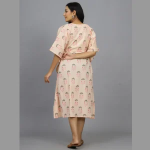 Peach Floral Beach Wear Short Kaftan Cotton Dress - Image 6