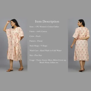 Peach Floral Beach Wear Short Kaftan Cotton Dress - Image 7