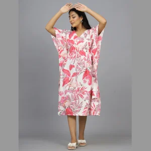 Pink Flamingo Print Knee Length Cotton Kaftan Dress - Image 3