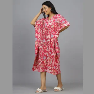 Pink Floral Cotton Beach Maxi Caftan - Image 3