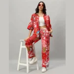 Red Cotton Oversized Patchwork Shirt Trouser Set